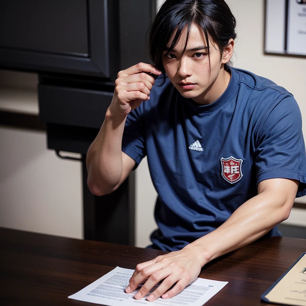 Create an ultra-realistic image of a young football player signing a contract. The player is sitting at the table, holding a pen and looking directly at the camera. He has vibrant blue hair and a vibrant blue beard., and is wearing a blue and black striped shirt. Ao fundo, a panel with the logos of the team and its sponsors, nike and guaraná antarctica highlighting the importance of signing the contract with the club.