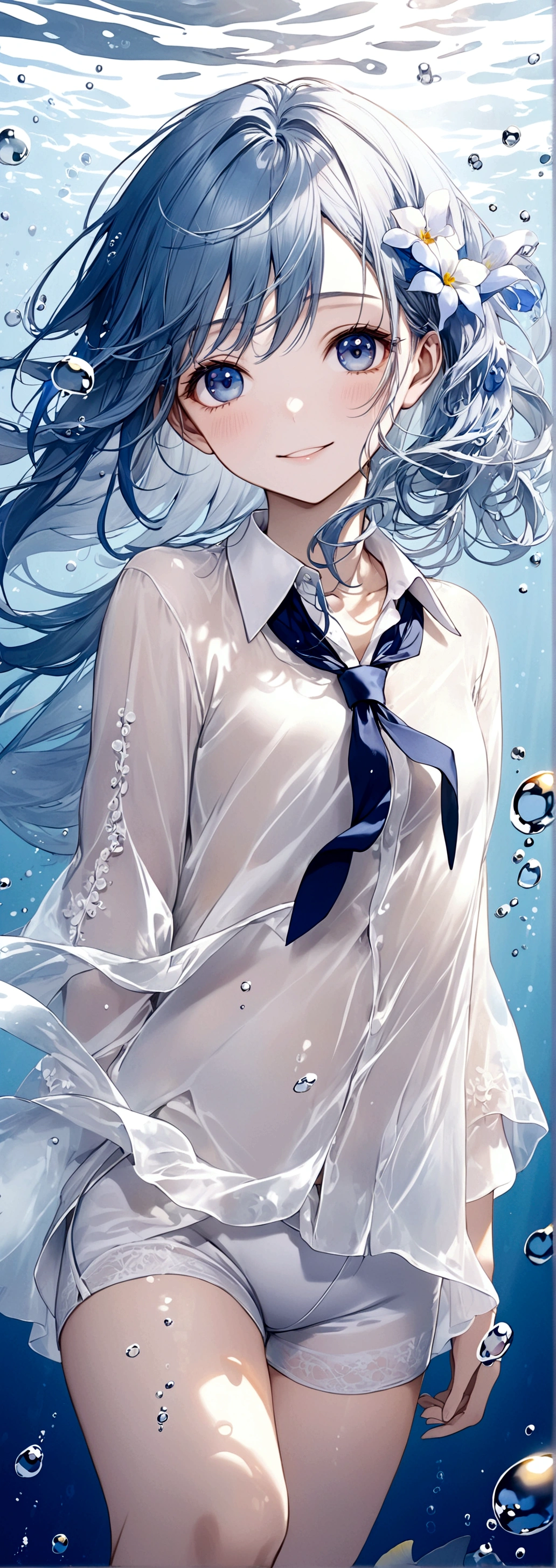 ((top-quality)), ((masterpiece)), ((ultra-detailliert)), (extremely delicate and beautiful), bright sky blue hair, watery hair, bright sapphire eyes, fair skin, beautiful woman, sheer white shirt, sheer silky white shorts, navy blue ribbon ties, pearl decorations, underwater world, cold background, air bubbles, water bubbles, underwater, sweet smile, relaxed expression, delicate wavy long hair, blue and white flowers in the water