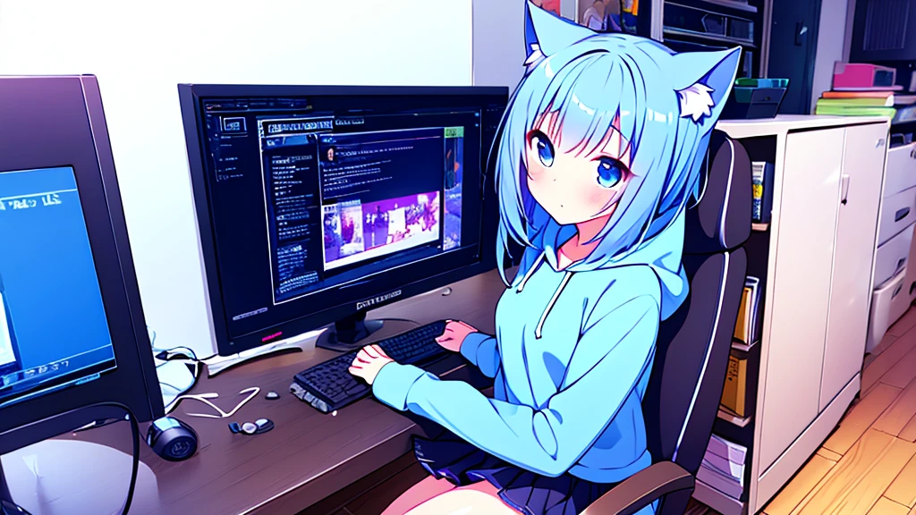1 beautiful girl, great image quality ,nekomimi, with lots of detail, ray tracing, in a gaming,outfit hoodie, short pleated mini skirt, gamer, long stockings, blue eyes, blue hair long, , in a neon room, PC gaming, perfect anatomy, 