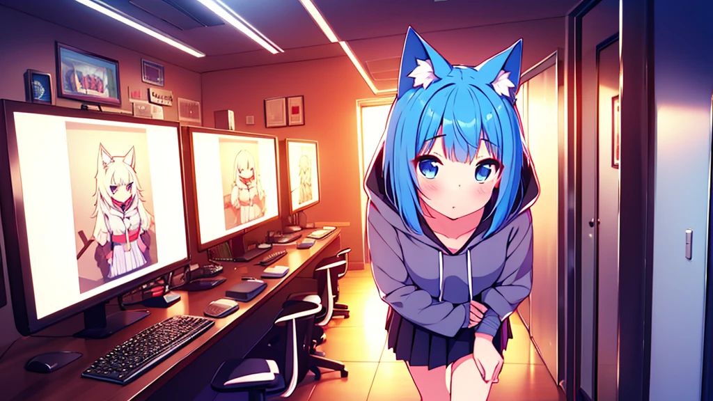 1 beautiful girl, great image quality ,nekomimi, with lots of detail, ray tracing, in a gaming,outfit hoodie, short pleated mini skirt, gamer, long stockings, blue eyes, blue hair long, , in a neon room, PC gaming, perfect anatomy,