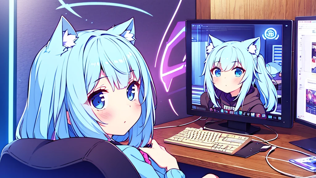 1 beautiful girl, great image quality ,nekomimi, with lots of detail, ray tracing, in a gaming,outfit hoodie, short pleated mini skirt, gamer, long stockings, blue eyes, blue hair long, , in a neon room, PC gaming, perfect anatomy,