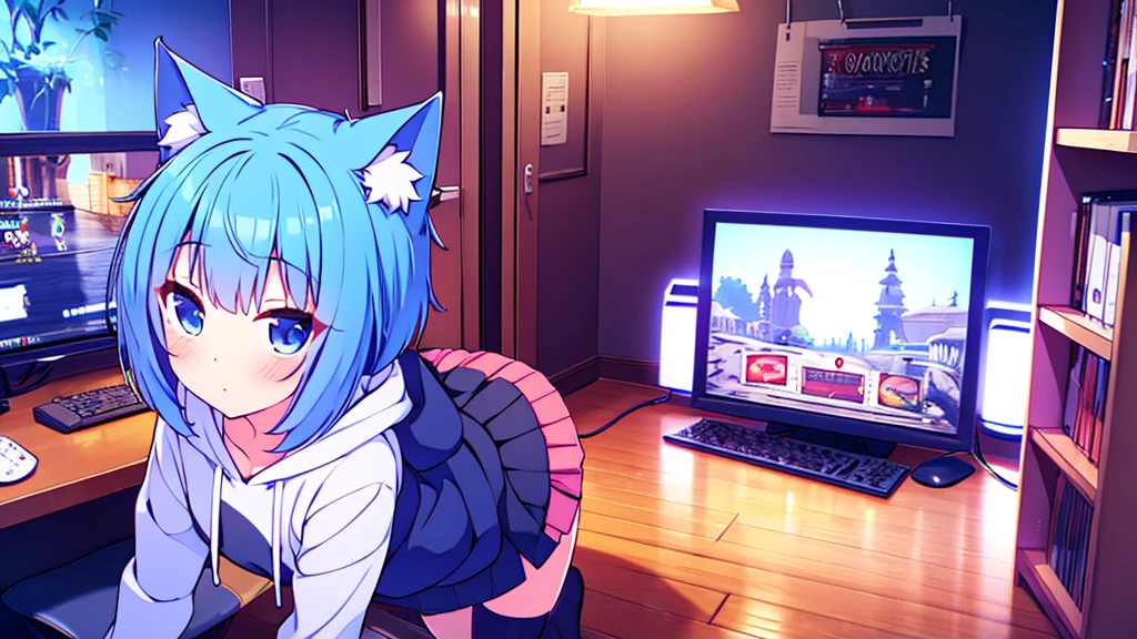 1 beautiful girl, great image quality ,nekomimi, with lots of detail, ray tracing, in a gaming,outfit hoodie, short pleated mini skirt, gamer, long stockings, blue eyes, blue hair long, , in a neon room, PC gaming, perfect anatomy,
