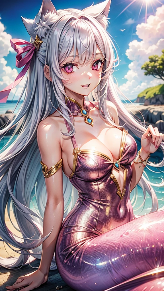 Silver hair, pink eyes, woman, sun and cloud background, pink red gold clothes, hair bows, happy face, mermaid outfit, sexy, cat ears