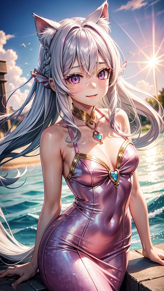 Silver hair, pink eyes, woman, sun and cloud background, pink red gold clothes, hair bows, happy face, mermaid outfit, sexy, cat ears