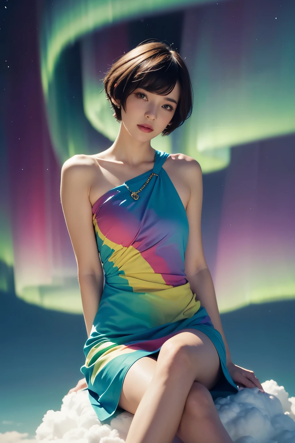 turtleneck、Full body photo、smile、 Caustics、Highly detailed photos、Very beautiful woman 、Ample breasts、No makeup、(8K、RAW Photos、Highest quality、masterpiece:1.2)、(Realistic、Realistic)、1 Girl、((Medium Short Hair、The wind is blowing、Fluttering Hair、blur background、Colorful illuminations、Looking into the camera:1.4))、
