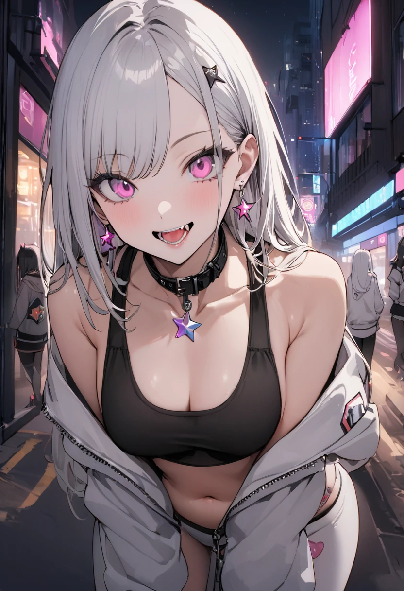 (masterpiece:1.2)、Highest quality、PIXIV、Rebellious girl、One girl、Open your mouth、鋭いteeth、teeth、Long Hair、Street background、gem、badge、ボタンbadge、Food、Pink Eyes、Earrings、Jacket、eyelash、Foodを下にして、star (symbol)、Upper Body、Characters in clothes、zipper、collar、cable、chain、tongue、Stickers、hoodie、smile、spike、Focus on the viewer、長いtongue、Chest in the center、Shoulder Bare、Belly button、Black and white hair color,leaning forward,Cyberpunk city,Night view,Black and white grey outfit,fallatio,Absolute area,1boy,Sports Bra