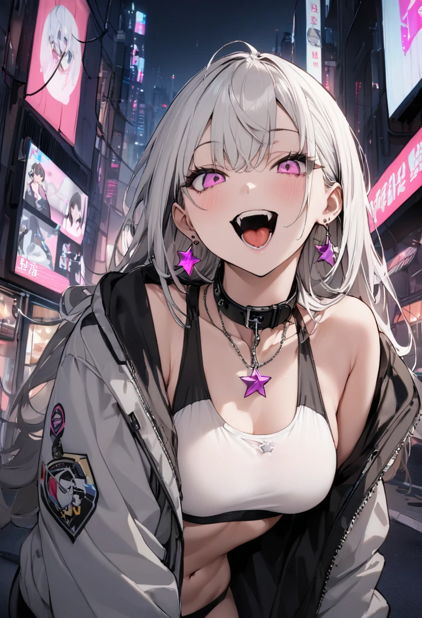 (masterpiece:1.2)、Highest quality、PIXIV、Rebellious girl、One girl、Open your mouth、鋭いteeth、teeth、Long Hair、Street background、gem、badge、ボタンbadge、Food、Pink Eyes、Earrings、Jacket、eyelash、Foodを下にして、star (symbol)、Upper Body、Characters in clothes、zipper、collar、cable、chain、tongue、Stickers、hoodie、smile、spike、Focus on the viewer、長いtongue、Chest in the center、Shoulder Bare、Belly button、Black and white hair color,leaning forward,Cyberpunk city,Night view,Black and white grey outfit,fallatio,Absolute area,1boy,Sports Bra