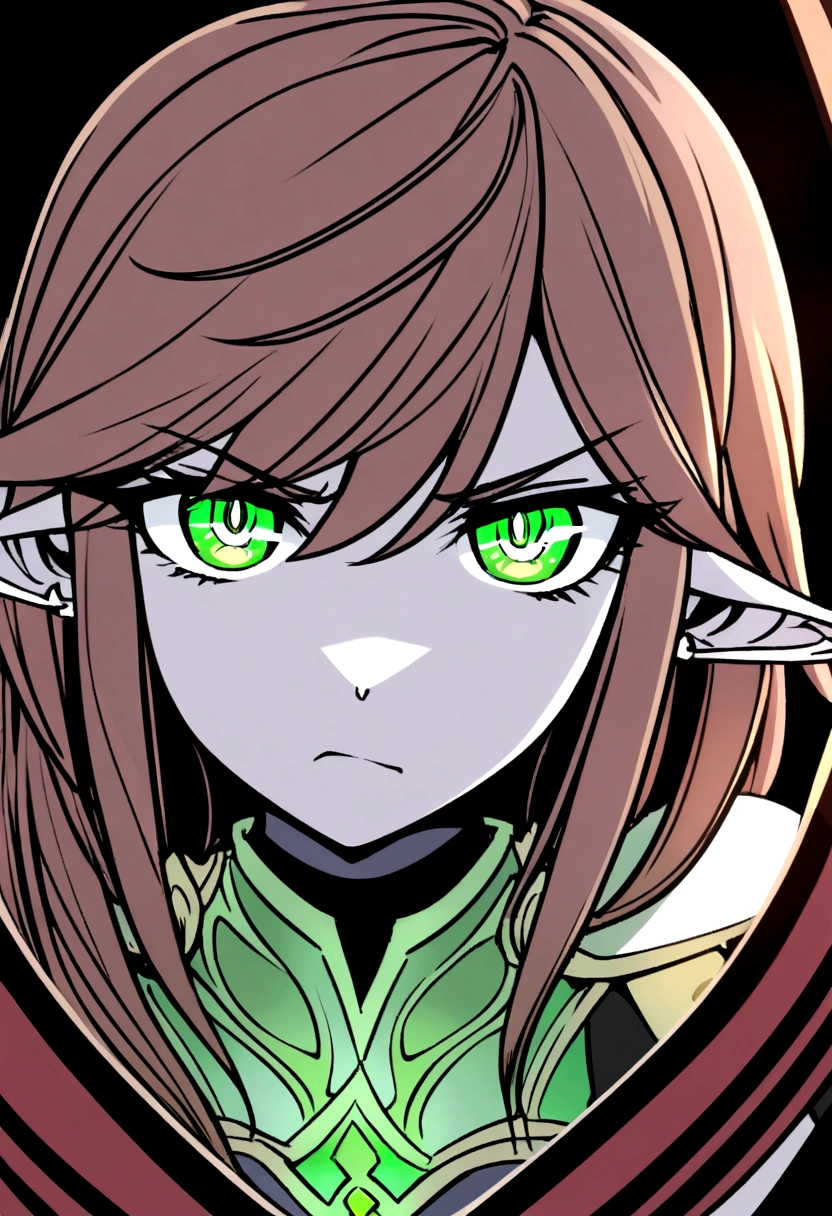 Young elven woman, pale skin, brown hair, a green eye and red a eye, black short clothes, small, dark fantasy, long ears, bladedancer, pissed, drawed picture