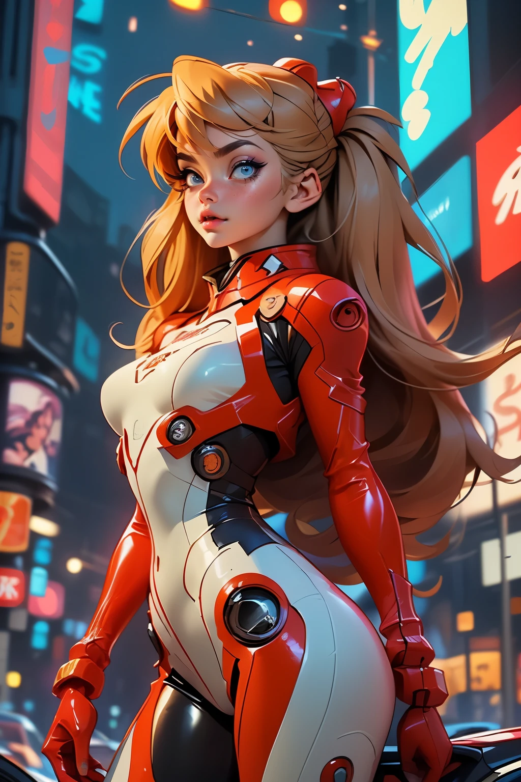 rear view, backside view,((The best quality, better resolution, Award-winning portrait, Official Art)), ((perfect masterpiece)), ((realist)) and ultra detailed photography of a nerdy cyberpunk souryuu asuka langley girl with gothic and post apocalyptic colors.. She has ((long blonde hair)), Carry a (Harajuku inspired cyberpunk tech top) and a (Harajuku inspired cyberpunk tech clothing bottom:1.2) , ((the most beautiful and sexy aesthetic)), sexy, Super huge tits hugely giant, Cleavage showing, hot,(souryuu asuka langley latex bodysuit:1.4),Detailed eyes, detailed hands,