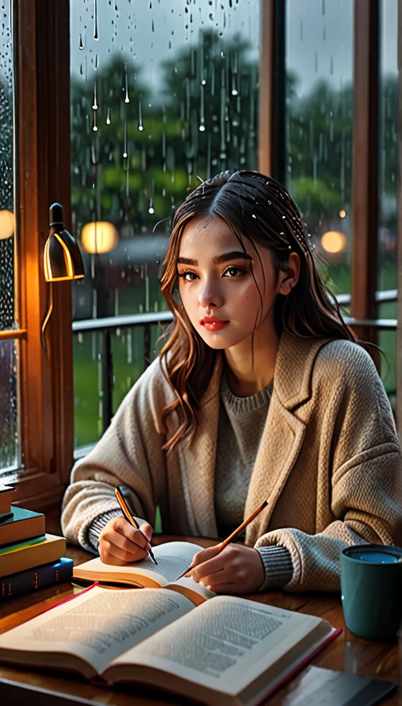 a girl studying at a desk, rain in the window, cute clothes, cozy ambiance, (best quality,4k,8k,highres,masterpiece:1.2),ultra-detailed,(realistic,photorealistic,photo-realistic:1.37),detailed face, beautiful detailed eyes, beautiful detailed lips, extremely detailed eyes and face, long eyelashes, focused expression, indoor setting, warm lighting, window view, rainy day, study room, desk, books, warm colors, soft lighting