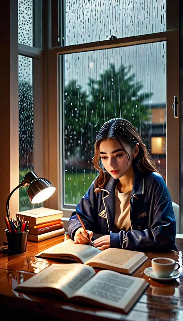 a girl studying at a desk, rain in the window, cute clothes, cozy ambiance, (best quality,4k,8k,highres,masterpiece:1.2),ultra-detailed,(realistic,photorealistic,photo-realistic:1.37),detailed face, beautiful detailed eyes, beautiful detailed lips, extremely detailed eyes and face, long eyelashes, focused expression, indoor setting, warm lighting, window view, rainy day, study room, desk, books, warm colors, soft lighting