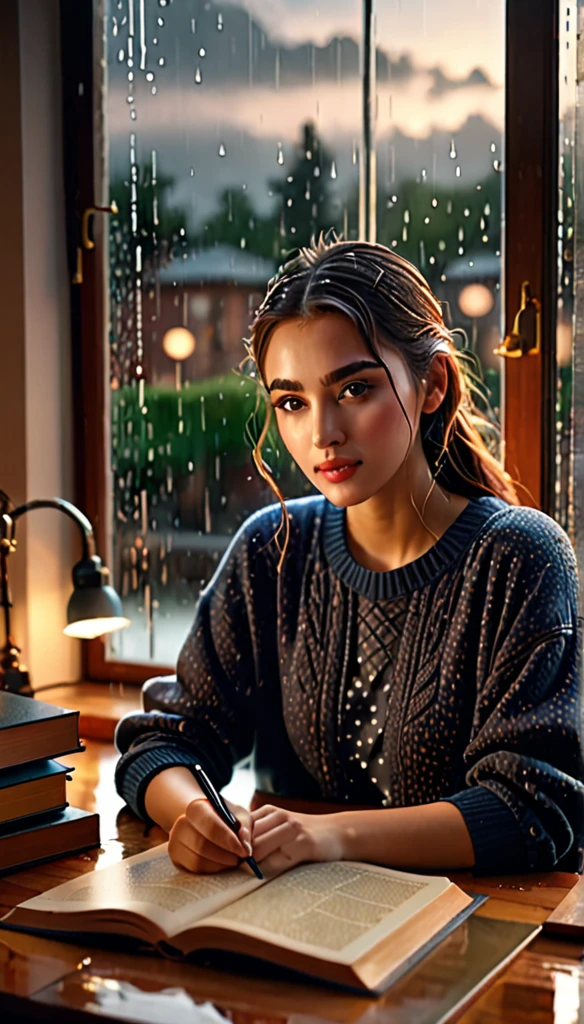 a girl studying at a desk, rain in the window, cute clothes, cozy ambiance, (best quality,4k,8k,highres,masterpiece:1.2),ultra-detailed,(realistic,photorealistic,photo-realistic:1.37),detailed face, beautiful detailed eyes, beautiful detailed lips, extremely detailed eyes and face, long eyelashes, focused expression, indoor setting, warm lighting, window view, rainy day, study room, desk, books, warm colors, soft lighting