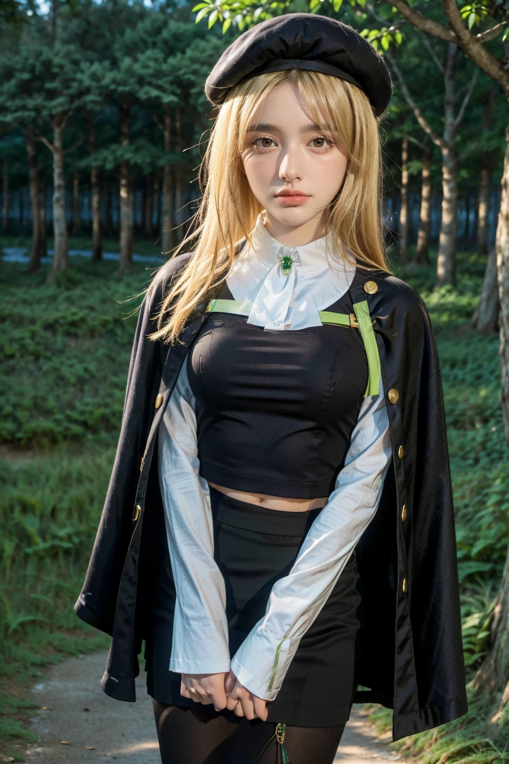 1 girl, best quality, ((Miyo)), tarankaaa, perfect face, beautiful smile, 30 years old, ((ascot,uniform, black skirt, cross, ribbon, gold blonde hair, emerald, beret, cape, pantyhose)), ((perfectly drawn hands)), perfect body, bare tree, bush, fog, forest, grass, nature, outdoors, plant, scenery, solo, standing, tree, 32k photograph, ((perfect eyes, detailed eyes,realistic eyes)), ((sharp face, detailed face, realistic face, natural skin, realistic skin, detailed skin, pores)), full body, tone mapping, asian-european, ((masterpiece)), ((highres)), ((detailed background)), japanese village background, night, big proportions, (abdomen is covered)