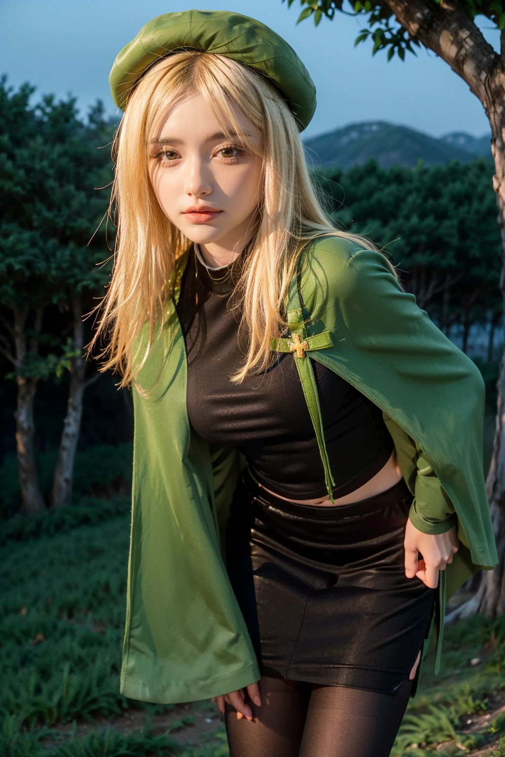 1 girl, best quality, ((Miyo)), tarankaaa, perfect face, beautiful smile, 30 years old, ((ascot,uniform, black skirt, cross, ribbon, gold blonde hair, emerald, beret, cape, pantyhose)), ((perfectly drawn hands)), perfect body, bare tree, bush, fog, forest, grass, nature, outdoors, plant, scenery, solo, standing, tree, 32k photograph, ((perfect eyes, detailed eyes,realistic eyes)), ((sharp face, detailed face, realistic face, natural skin, realistic skin, detailed skin, pores)), full body, tone mapping, asian-european, ((masterpiece)), ((highres)), ((detailed background)), japanese village background, night, big proportions, (abdomen is covered)