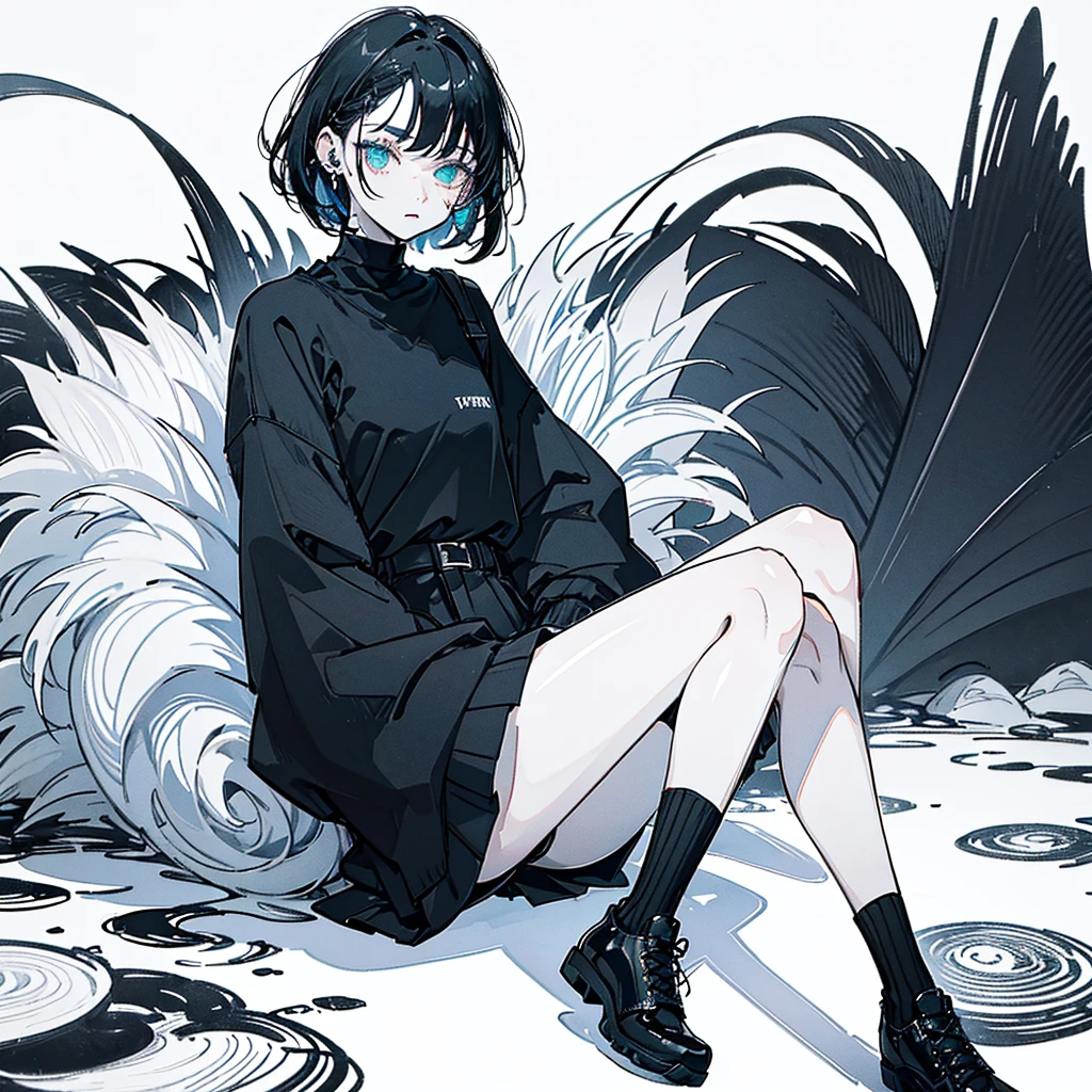 ((body)) skinny, short, pale, freckles on the face, 18 years old ((hair)) short black hair, messy, ((eyes)) green eyes, ((black outfit)) oversize black shirt, blue skirt, knitted shoe covers, black cotton fingerless gloves, black boots, piercings, choker