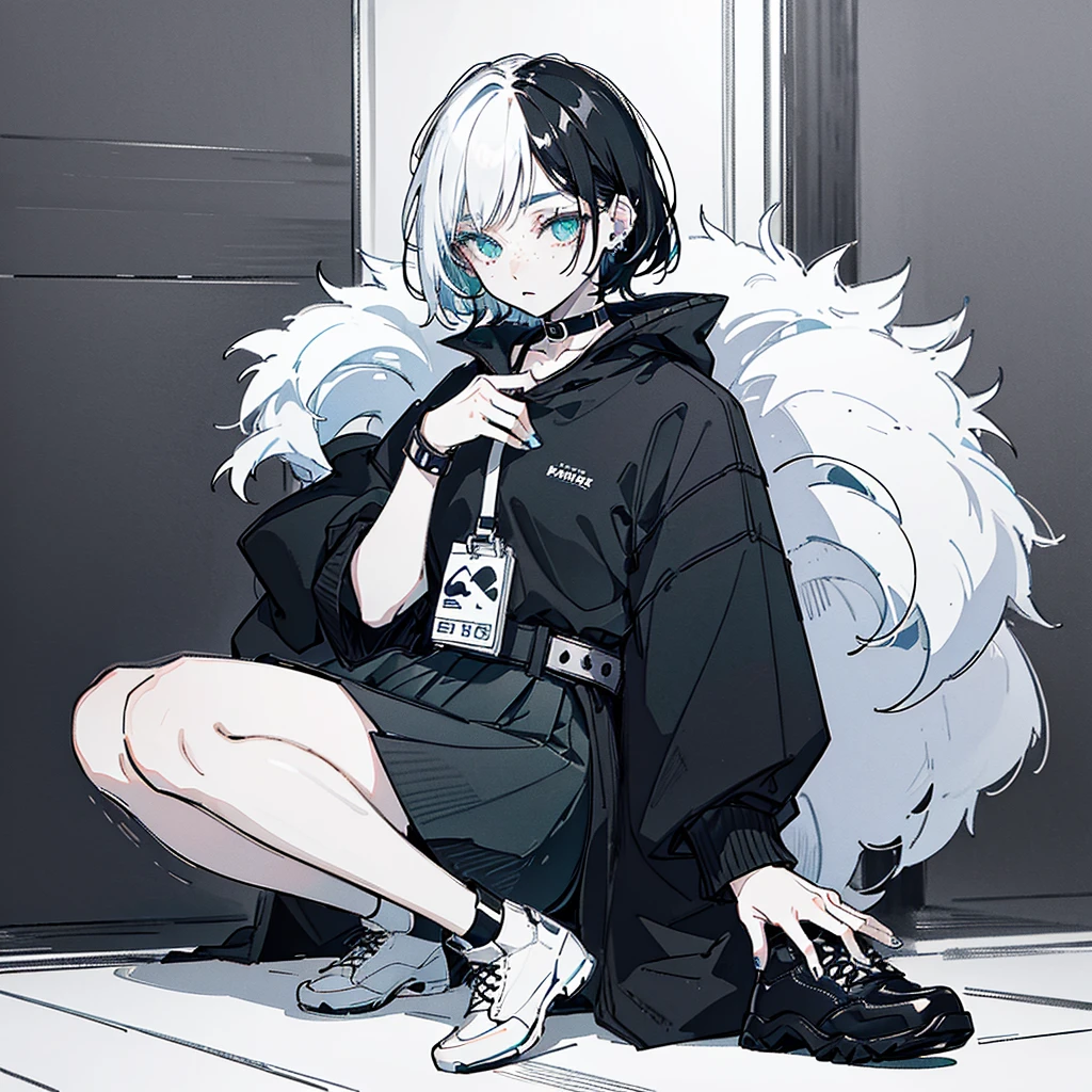 ((body)) skinny, short, pale, freckles on the face, 18 years old ((hair)) short black hair, messy, ((eyes)) green eyes, ((black outfit)) oversize black shirt, blue skirt, knitted shoe covers, black cotton fingerless gloves, black boots, piercings, choker