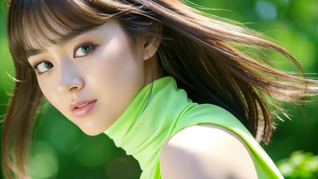 (detailed face),VIVID,pretty,sleeveless and turtle neck white silky clothes,4k ,super high resolution ,(photo-realistic: 1.7),green background,long hair,