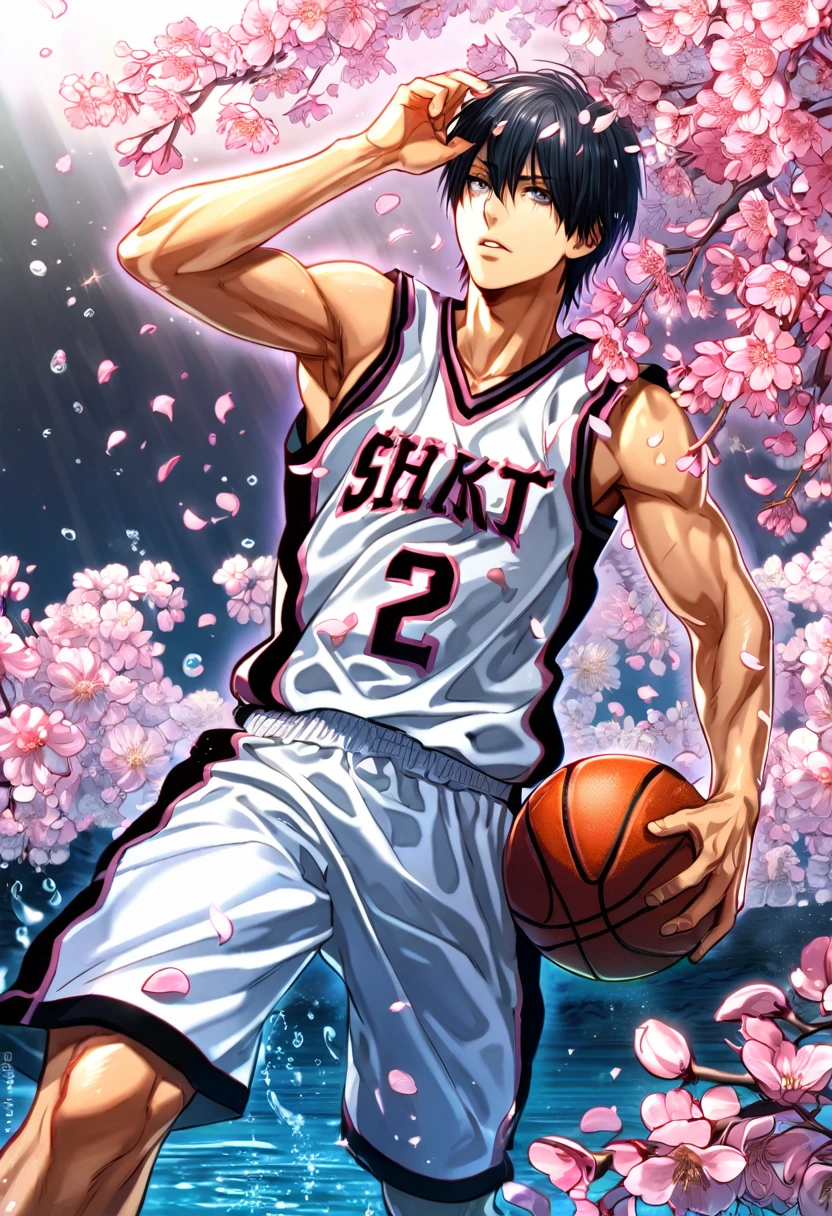 absurdres, highres, ultra detailed, HDR, master piece, best quality, Himuro Tatsuya, black hair, expressive gray eyes, hair over the right eye, Kuroko No Basket, solo, sexy man, handsome, basketball white uniform, fantasy, shining, pink flowers, pink blossoms, water, pink petals