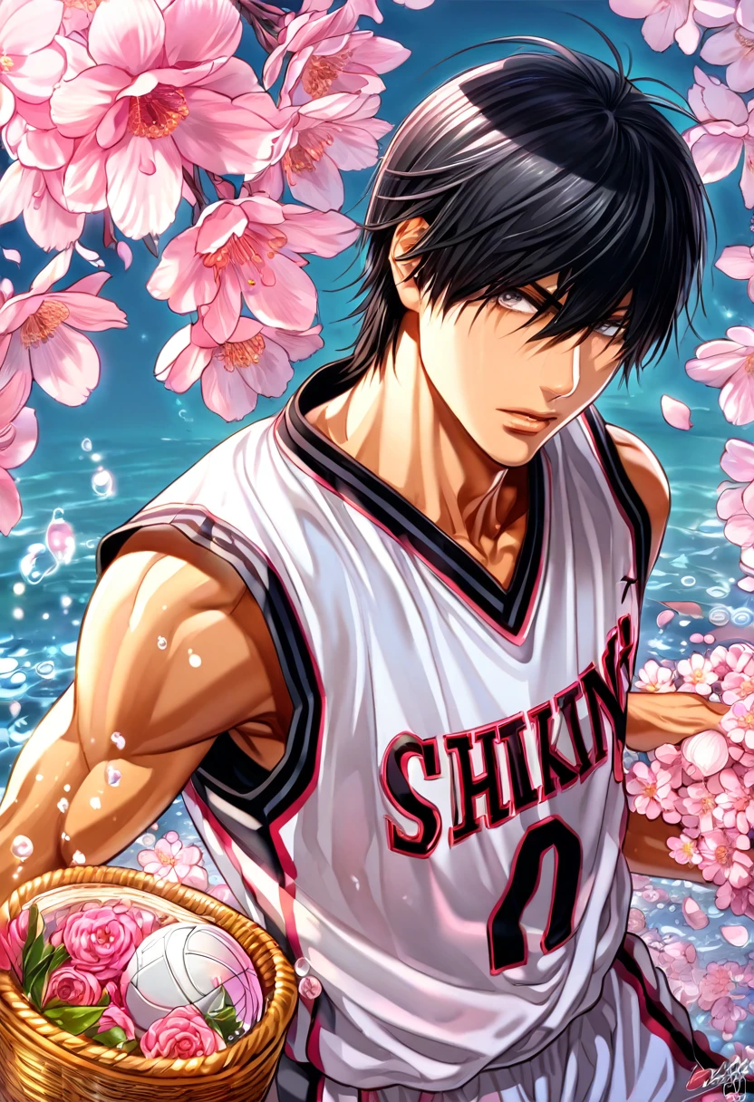 absurdres, highres, ultra detailed, HDR, master piece, best quality, Himuro Tatsuya, black hair, expressive gray eyes, hair over the right eye, Kuroko No Basket, solo, sexy man, handsome, basketball white uniform, fantasy, shining, pink flowers, pink blossoms, water, pink petals