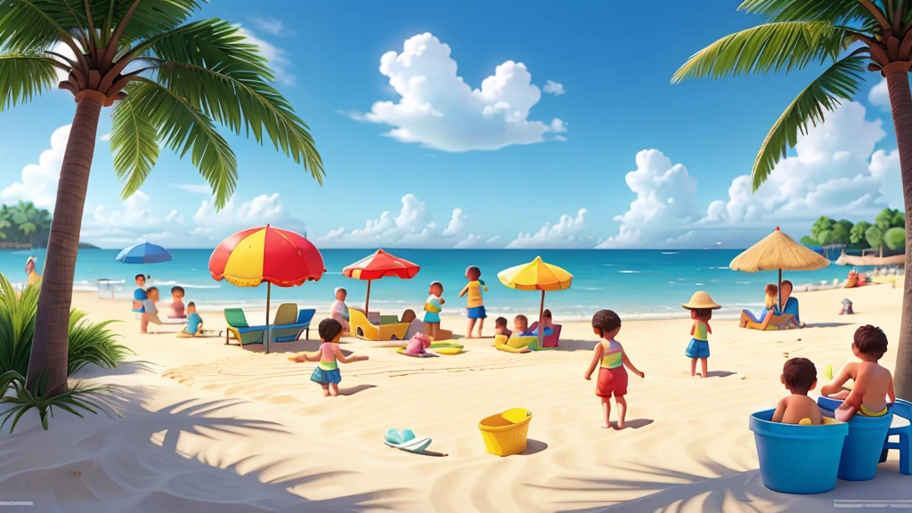On a sunny beach, a group of children are playing. The sky is blue, and the waves gently lap at the shore. Some children are building sandcastles, others are digging holes or chasing each other. They are barefoot, feeling the warm sand under their feet, their faces beaming with joy. The children hold small shovels and buckets, focusing on their sand and water activities. The beach is dotted with colorful beach toys like beach balls, kites, and model boats. In the distance, a few parents watch their children from the shade of some trees, enjoying a peaceful moment. The whole scene is filled with laughter and vitality, with sunlight casting shadows and creating a lively summer picture.