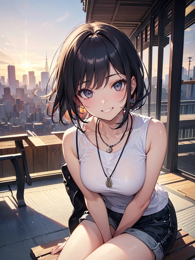 ((Ultra-detailed)), (top-quality), ((masterpiece)), ((Super exciting)), ((8K)), ((1080p)), ((extremely clear)), ((Very sophisticated)),((natural lighting)), ((depth of fields)), ((Glowing skin)), ((gleaming)), ((shiny-glistening)), (3D)), ((Perfect Anatomy)), (Realistic skin texture), ((Detailed face description)), (((perfect balance))), (((Solo))), ((a girl)), (grinned)), (slanted eyes), (sit on bench), (grinned), ((sleeveless), (neckless)), (shirts), (short pants), ((Tokyo background)),
