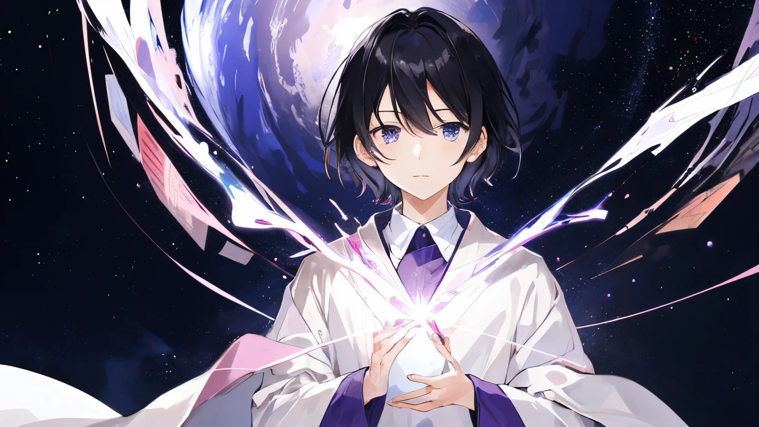 akihito, masterpiece, 1man, solo, pov, black hair, blue eyes, short hair, pink and purple energy, white pharmacist coat, standing, arabic face, face focus, limbo, space background, black hole