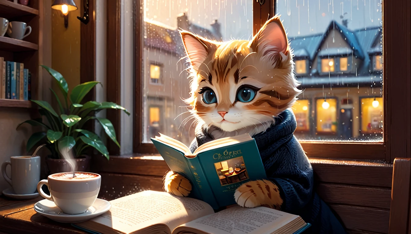 It's raining outside, a scene of a warm-looking cafe, an anthropomorphized kitten is reading a book while drinking hot chocolate on a window seat, the warm light and calm expression are impressive