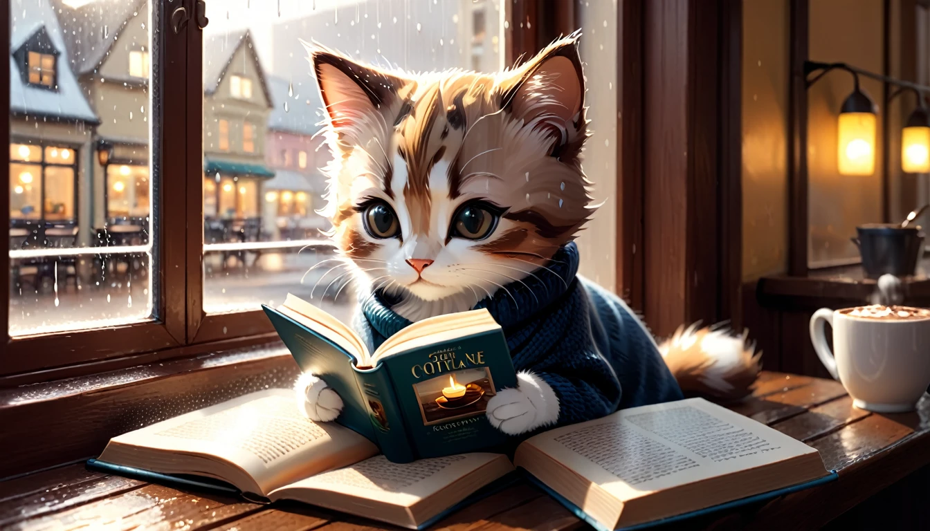 It's raining outside, a scene of a warm-looking cafe, an anthropomorphized kitten is reading a book while drinking hot chocolate on a window seat, the warm light and calm expression are impressive