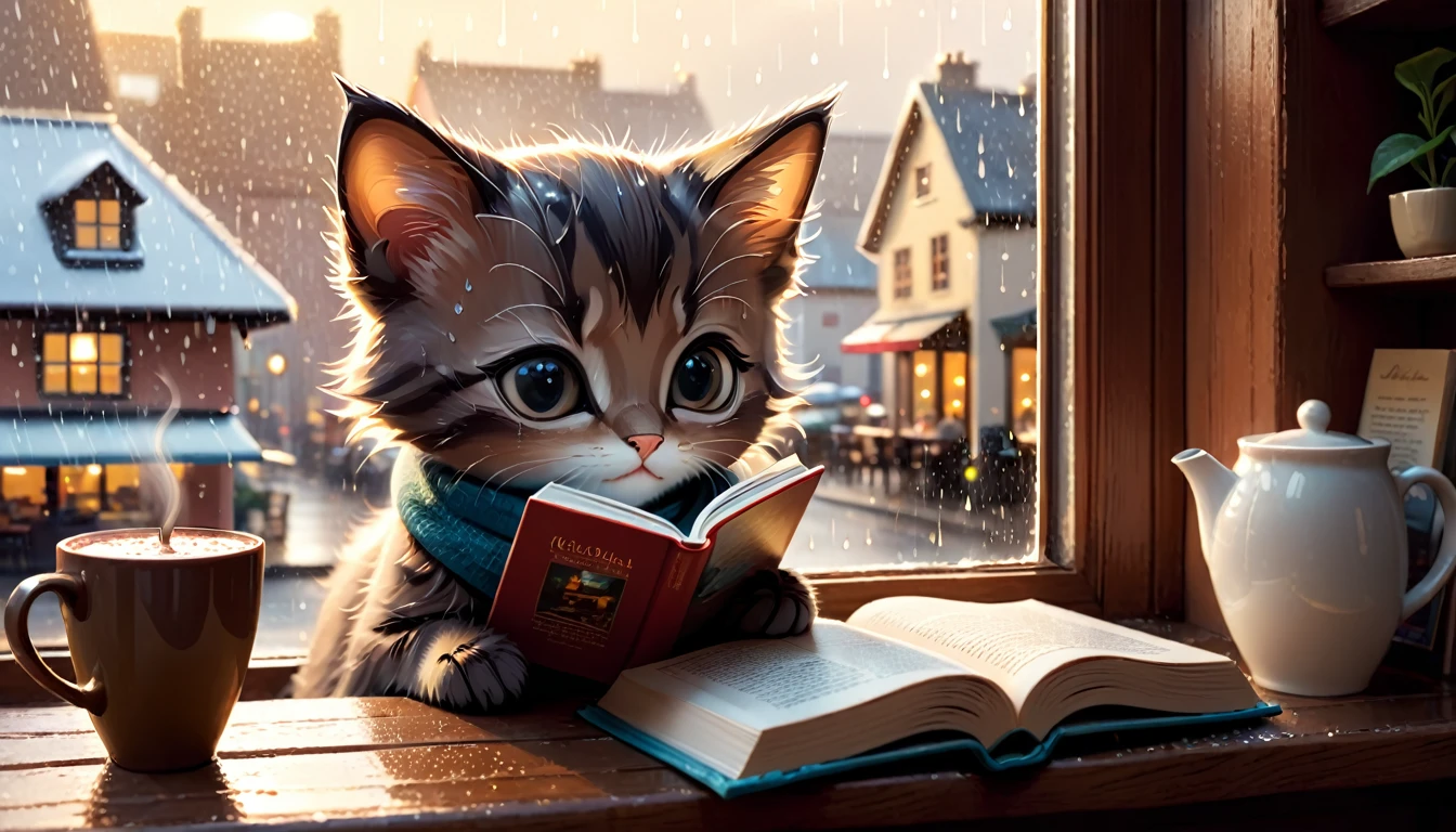 It's raining outside, a scene of a warm-looking cafe, an anthropomorphized kitten is reading a book while drinking hot chocolate on a window seat, the warm light and calm expression are impressive