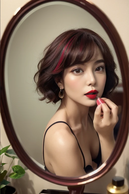 ((Highest quality)), ((masterpiece)), (detailed), Bob Hair、Slender、40 years old、Sexy Wife、mirror painting、(Applying lipstick:1.5)、Gaze through the mirror、Face in the mirror、Make eye contact with your audience
