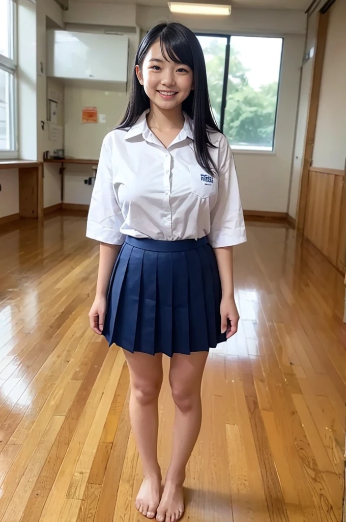 A girl, 18-years old student, cute smile girl, (white collar shirt, oversized collar shirt, white half sleeve shirt), huge breasts, (navy blue pleated skirt), black longhair, in wooden floor school gym, half open mouth, (standing),  (barefoot), view from front, barefoot,