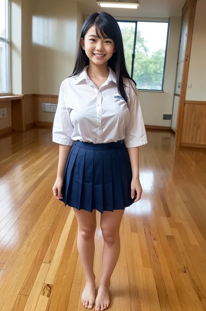 A girl, 18-years old student, cute smile girl, (white collar shirt, oversized collar shirt, white half sleeve shirt), huge breasts, (navy blue pleated skirt), black longhair, in wooden floor school gym, half open mouth, (standing), (barefoot), view from front, barefoot,