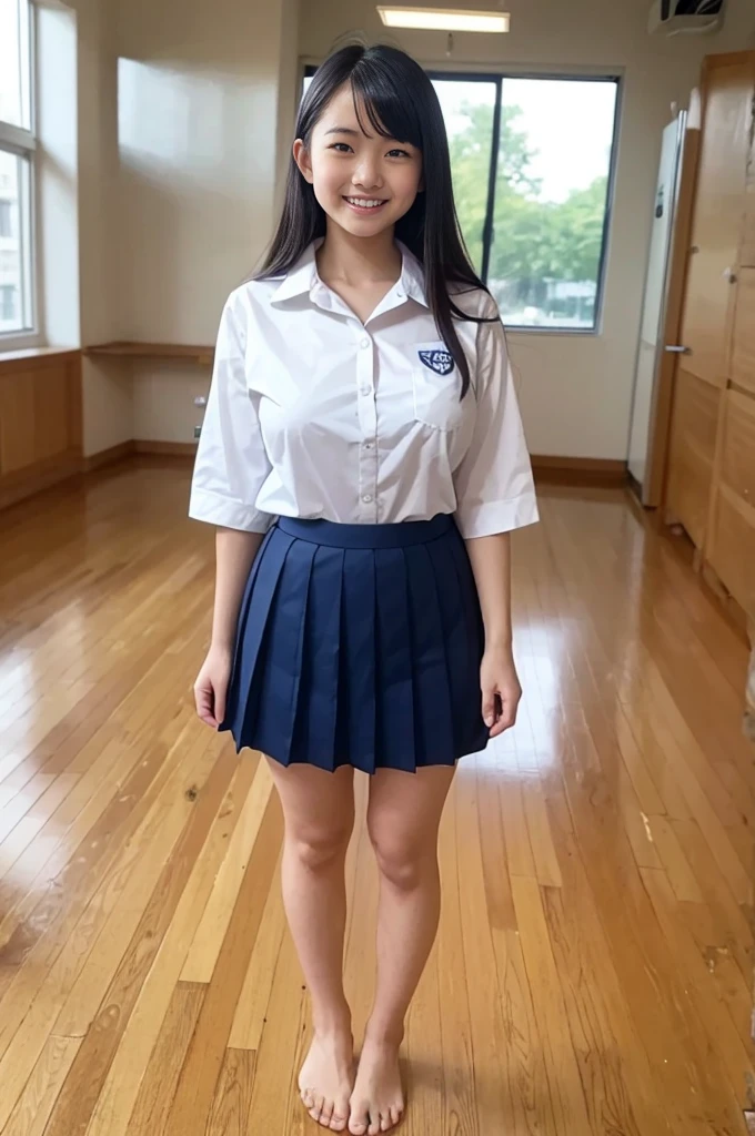 A girl, 18-years old student, cute smile girl, (white collar shirt, oversized collar shirt, white half sleeve shirt), huge breasts, (navy blue pleated skirt), black longhair, in wooden floor school gym, half open mouth, (standing), (barefoot), view from front, barefoot,