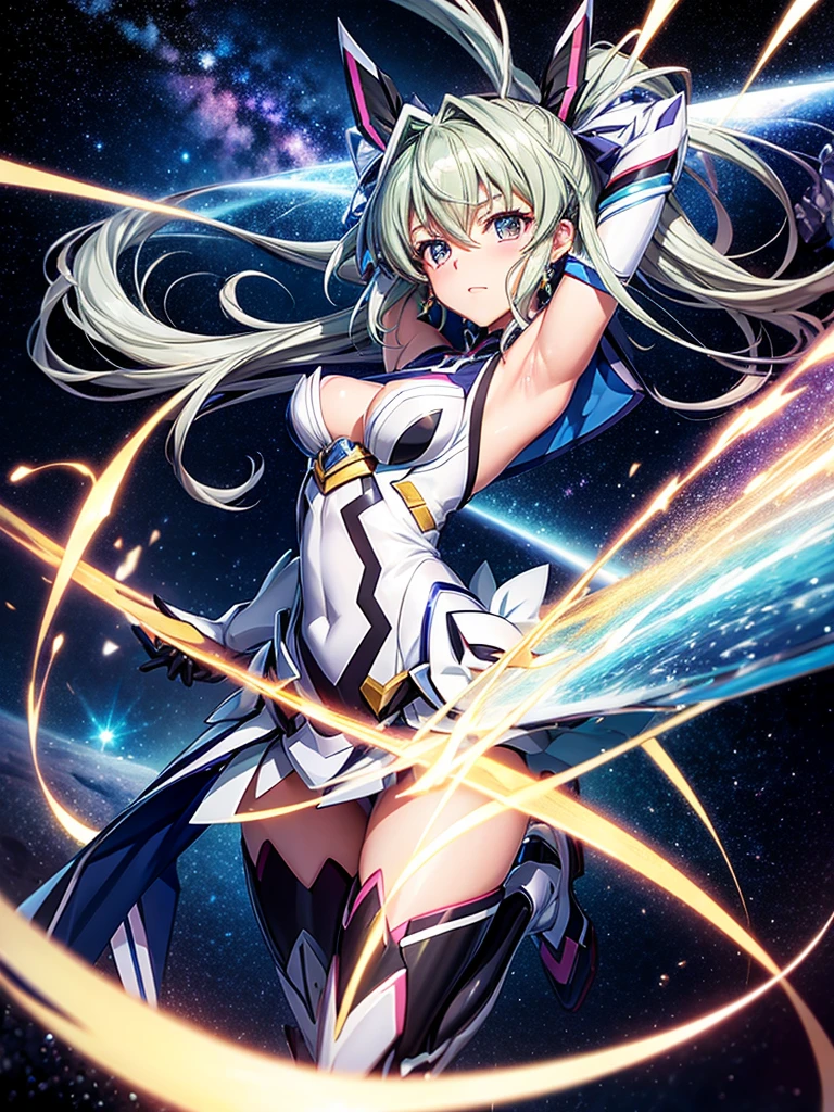 Highest quality,Highest Resolution,A beautiful metallic girl like Tsubasa Kazanari from Symphogear,Earth Behind,universe,Milky Way,