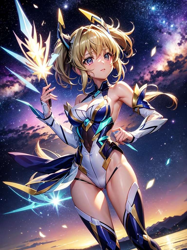 Highest quality,Highest Resolution,A beautiful metallic girl like Tsubasa Kazanari from Symphogear,Earth Behind,universe,Milky Way,