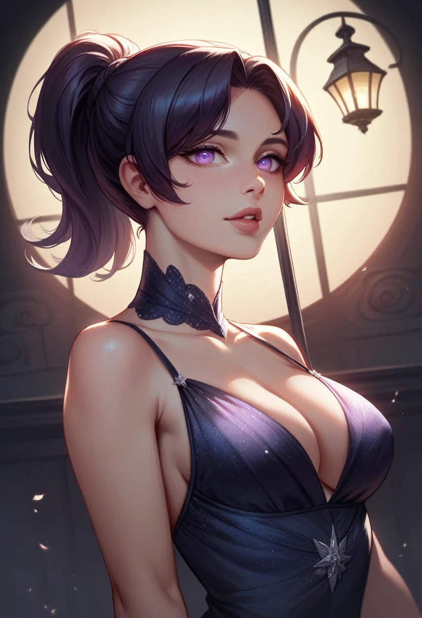 (best quality,4k,8k,highres,masterpiece:1.2),ultra-detailed,realistic, beautiful detailed eyes,beautiful detailed lips,purple eyes, elegant dress, black short hair with a ponytail, night background, street lamps lighting up the scene.