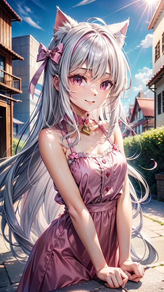 Silver hair, pink eyes, body, cat ears, sexy girl, earrings, flower sky background,pink blue uniform, hair bows, happy face