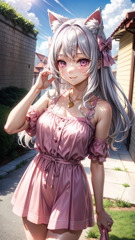 Silver hair, pink eyes, woman, sun and cloud background, pink red gold clothes, hair bows, happy face, summer outfit, sexy, cat ears