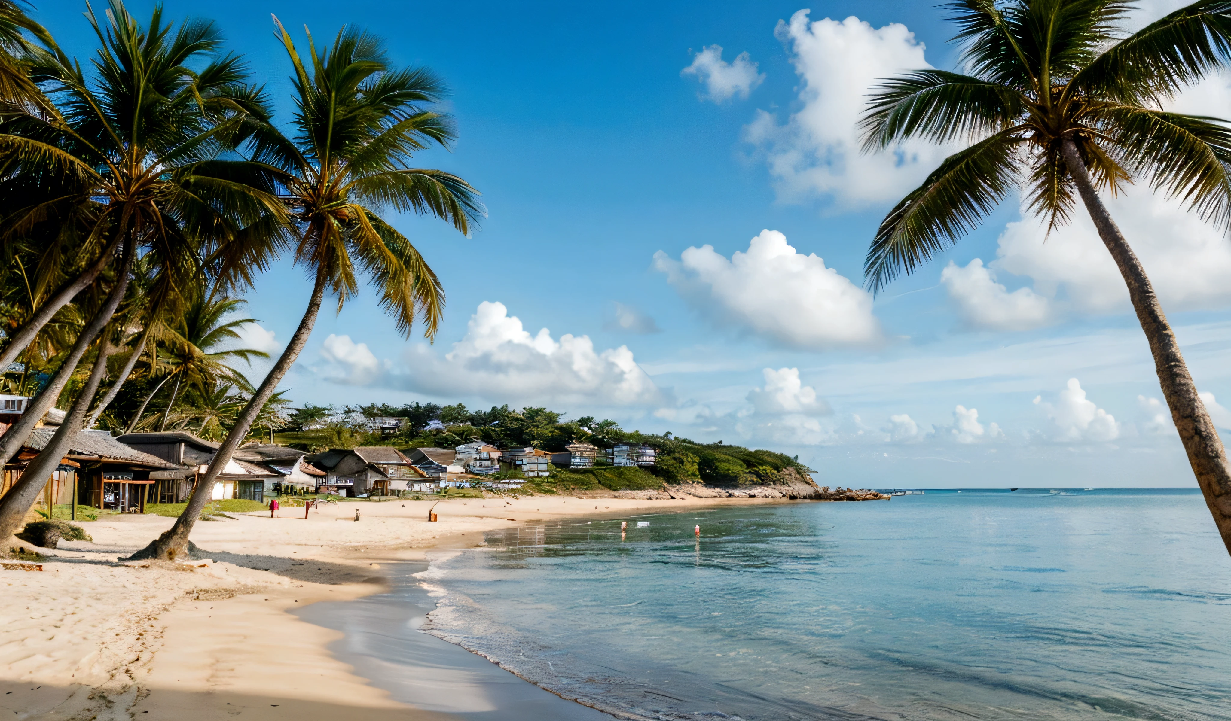 插图 of a medieval fantasy fishing village on the beach, Calm Ocean, Beautiful sunshine, Palm tree,View from afar,