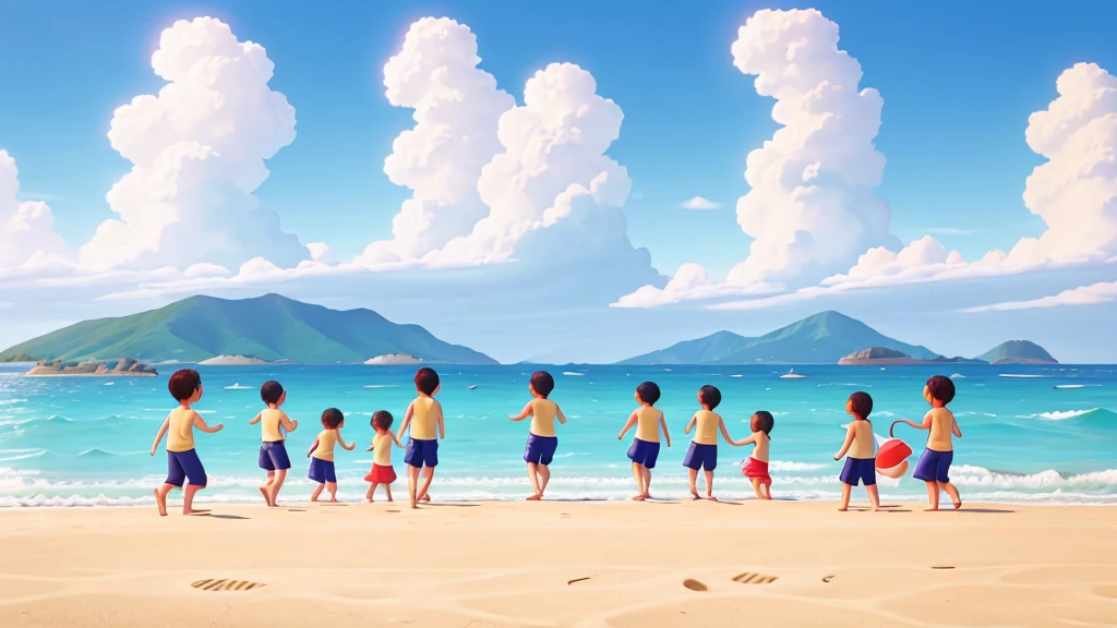 On a sunny beach, a group of children are playing. The sky is blue, and the waves gently lap at the shore.