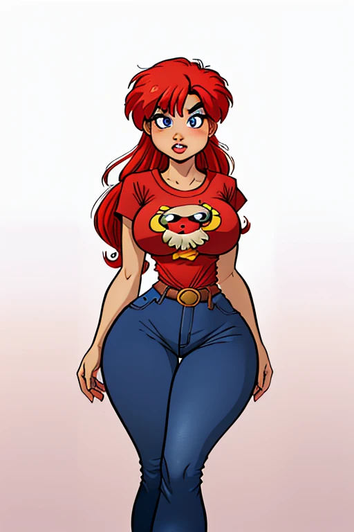 (ranma chan) (ranma saotome)(1solo)(1girl)((Solo)) ((Masterpiece)) ((High Quality)) (slim thick)((Perfect Face)) ((Huge Breasts)) ((Wide Hips)) ((Narrow Waist)) ((Beautiful)) ((Redhead)) ((Long Hair)) ((Light Skin)) ((Cute Nose)) ((BLue Eyes)) ((Young)) ((UFO Tee Shirt)) ((Jeans)) ((sci-fi Geek))