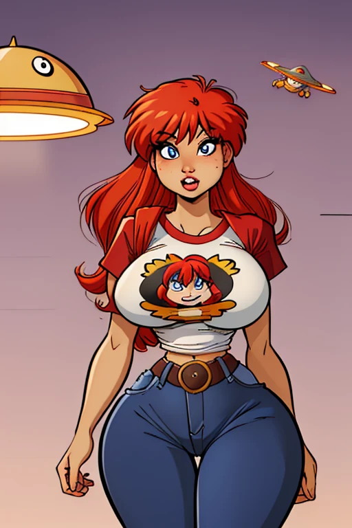 (ranma chan) (ranma saotome)(1solo)(1girl)((Solo)) ((Masterpiece)) ((High Quality)) (slim thick)((Perfect Face)) ((Huge Breasts)) ((Wide Hips)) ((Narrow Waist)) ((Beautiful)) ((Redhead)) ((Long Hair)) ((Light Skin)) ((Cute Nose)) ((BLue Eyes)) ((Young)) ((UFO Tee Shirt)) ((Jeans)) ((sci-fi Geek))