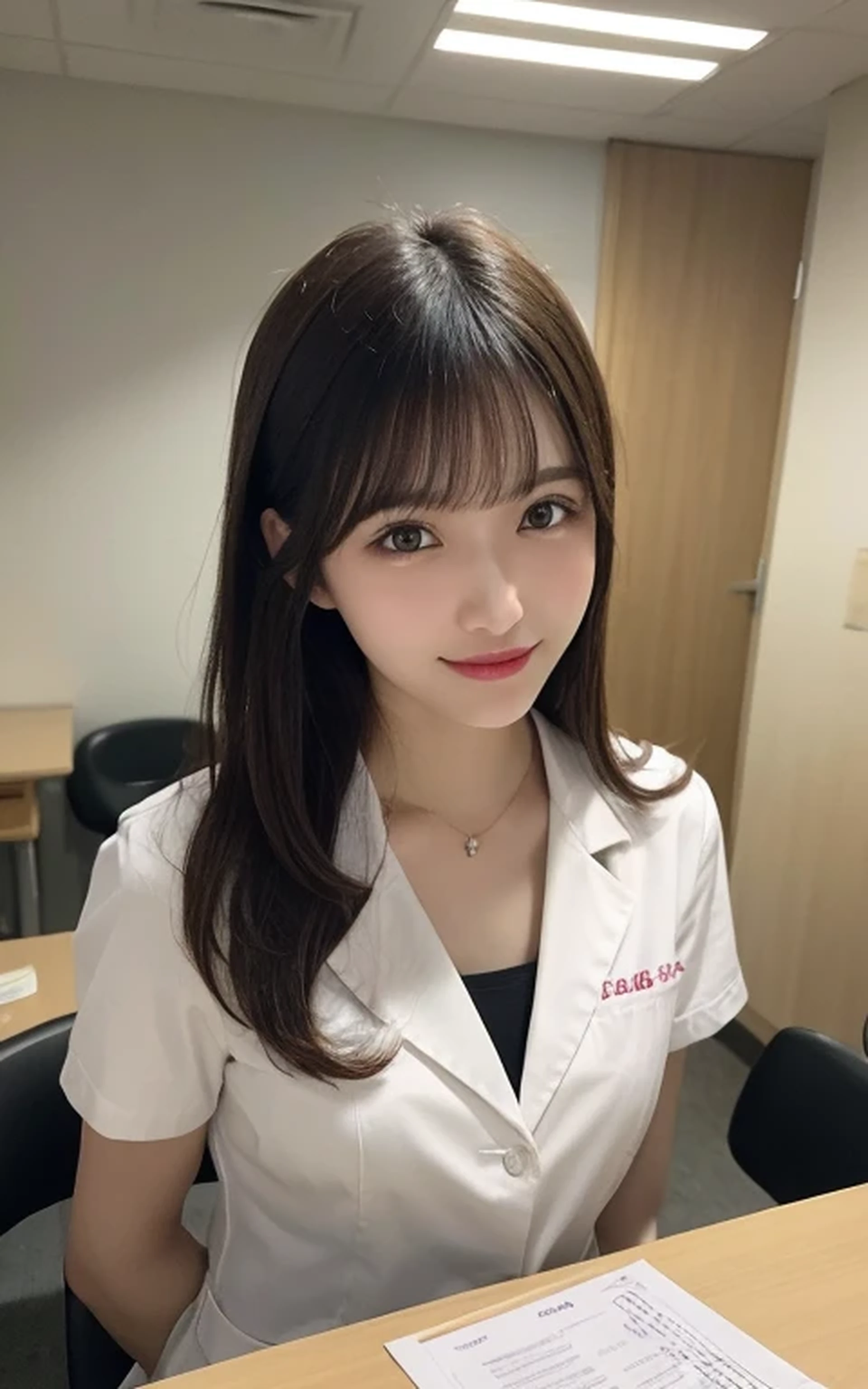 Tabletop, Highest quality, figure, Super detailed, In detail, High resolution, 8k wallpaper, Perfect dynamic composition, Beautiful attention to detail, Doctor's attire,Bob Hair, Center of chest, Natural color lip, Random sexy poses,smile,27-year-old girl、huge 、Examination room、Full-color photo。Resolution is 30.4 megapixels、ISO Sensitivity:100、Shutter Speed 1/2000 seconds。The images are surreal、Very detailed、High resolutionの 16k.Must be photogenic。