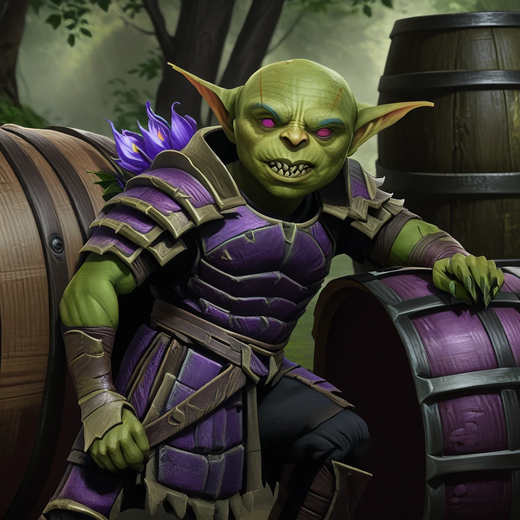 a male goblin, green skin, bald, frowning, scar on the face, purple left iris, heterochromatic eyes, stocky body 1.40 meters tall (scenery)forest a carriage with barrels, , full body image, cinematic lighting, 8k, hyper realistic, masterpiece, fantasy art