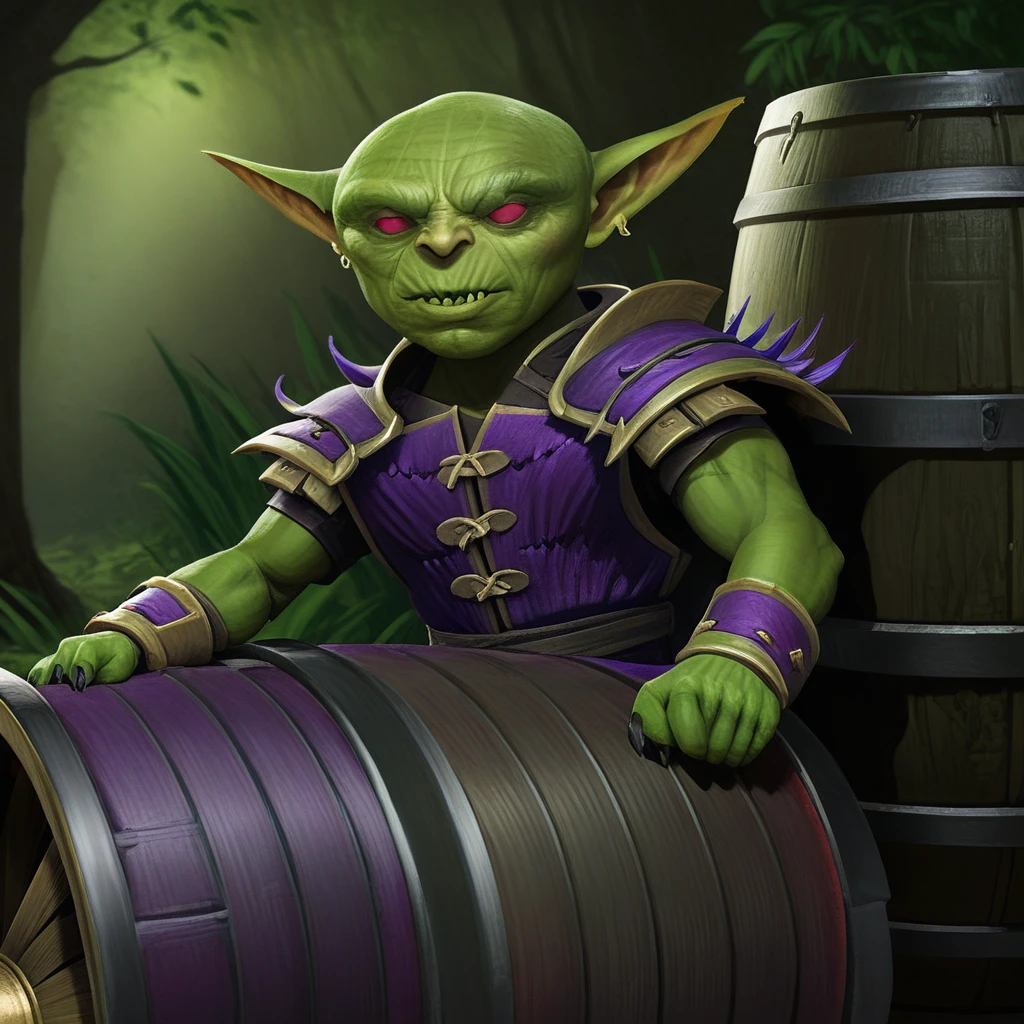 a male goblin, green skin, bald, frowning, scar on the face, purple left iris, heterochromatic eyes, stocky body 1.40 meters tall (scenery)forest a carriage with barrels, , full body image, cinematic lighting, 8k, hyper realistic, masterpiece, fantasy art