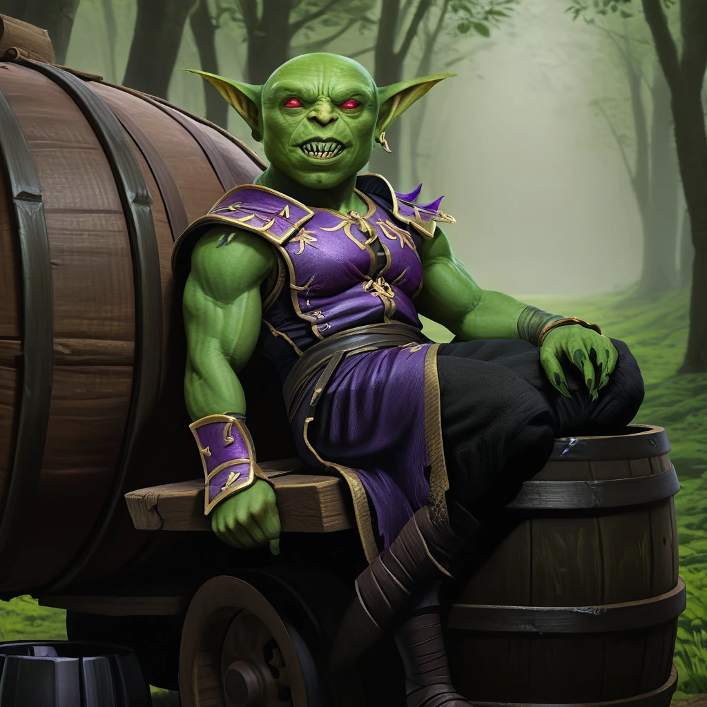 a male goblin, green skin, bald, frowning, scar on the face, purple left iris, heterochromatic eyes, stocky body 1.40 meters tall (scenery)forest a carriage with barrels, , full body image, cinematic lighting, 8k, hyper realistic, masterpiece, fantasy art