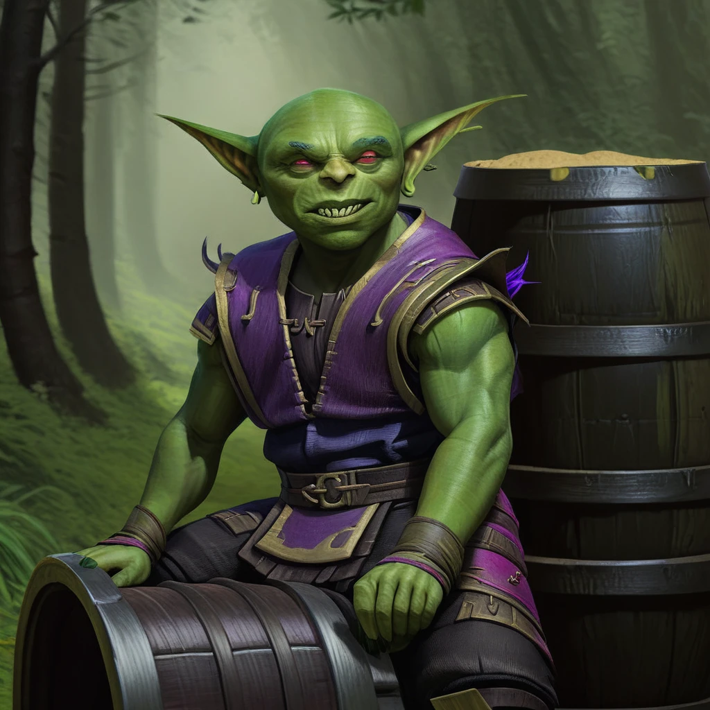 a male goblin, green skin, bald, frowning, scar on the face, purple left iris, heterochromatic eyes, stocky body 1.40 meters tall (scenery)forest a carriage with barrels, , full body image, cinematic lighting, 8k, hyper realistic, masterpiece, fantasy art