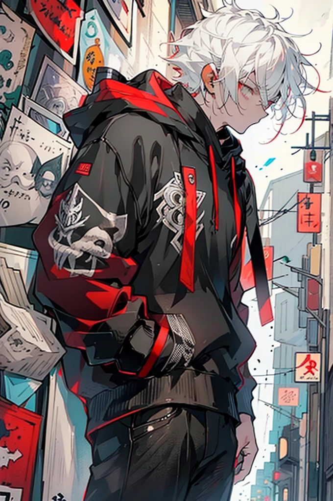 A young man with short white hair, red eyes, masculine face. Wearing a black hoodie with gray details. He is standing, looking to the side. On a center of a city. Dungeons and Dragons art direction, studio ghibli Style