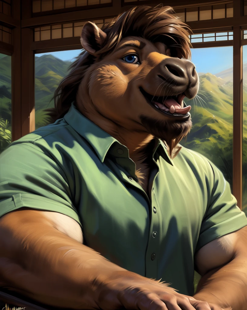 ASCII nsfw, realism, solo male, nude, kenket, chunie, darkgem, anthro, detailed realistic painting, source_furry, (by Meesh), (by darkgem:0.8), (by chunie:1), masterpiece,, detailed fur, looking at viewer, (detailed pixar eyes:1.2), detailed eyes, male, anthro, ((capybara, Japanese, Anime, bishounen, pretty, effeminate, Massive Muscles, Massive Deltoids, Massive shoulders, Massive Pecs, Massive Biceps, Massive Thighs, Massive Calves, long snout, brown hair, wavy hair, fabio hair, hair covering eye, goatee, big lip, swollen lip, black lip, whiskers, collared shirt, lime-green shirt, cheekbones, big chin, open mouth, shiny eyelids, rodent teeth big chin,)), BREAK detailed background, intricate masterpiece, best quality, ultra 8Kscore_9, score_8_up, score_7_up, score_6_up, bara, ,score_9, score_8_up, score_7_up, score_6_up, score_8_up, score_7_up,Ultra detailed focus ,clean cut, body fur furry textures,naturalistic art,representational art,lighting and shadowing,bright vibrant color contrast,sharp detailed, cgi,digital,movie Quality,8K,masterpiece, best quality, (photorealistic:1.4),(extremely intricate:1.3), (realistic).