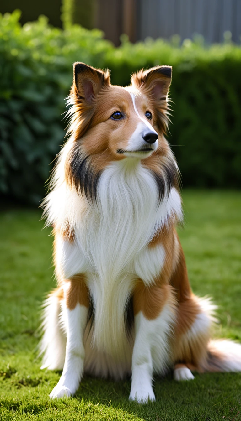 There is no one, realistic photo, photo realism, realism, Shetland Sheepdog (Shetland Sheepdog), perfect composition, intricate details, Very sharp, masterpiece, profile, high resolution, looking at the viewer, Full body photo in garden background